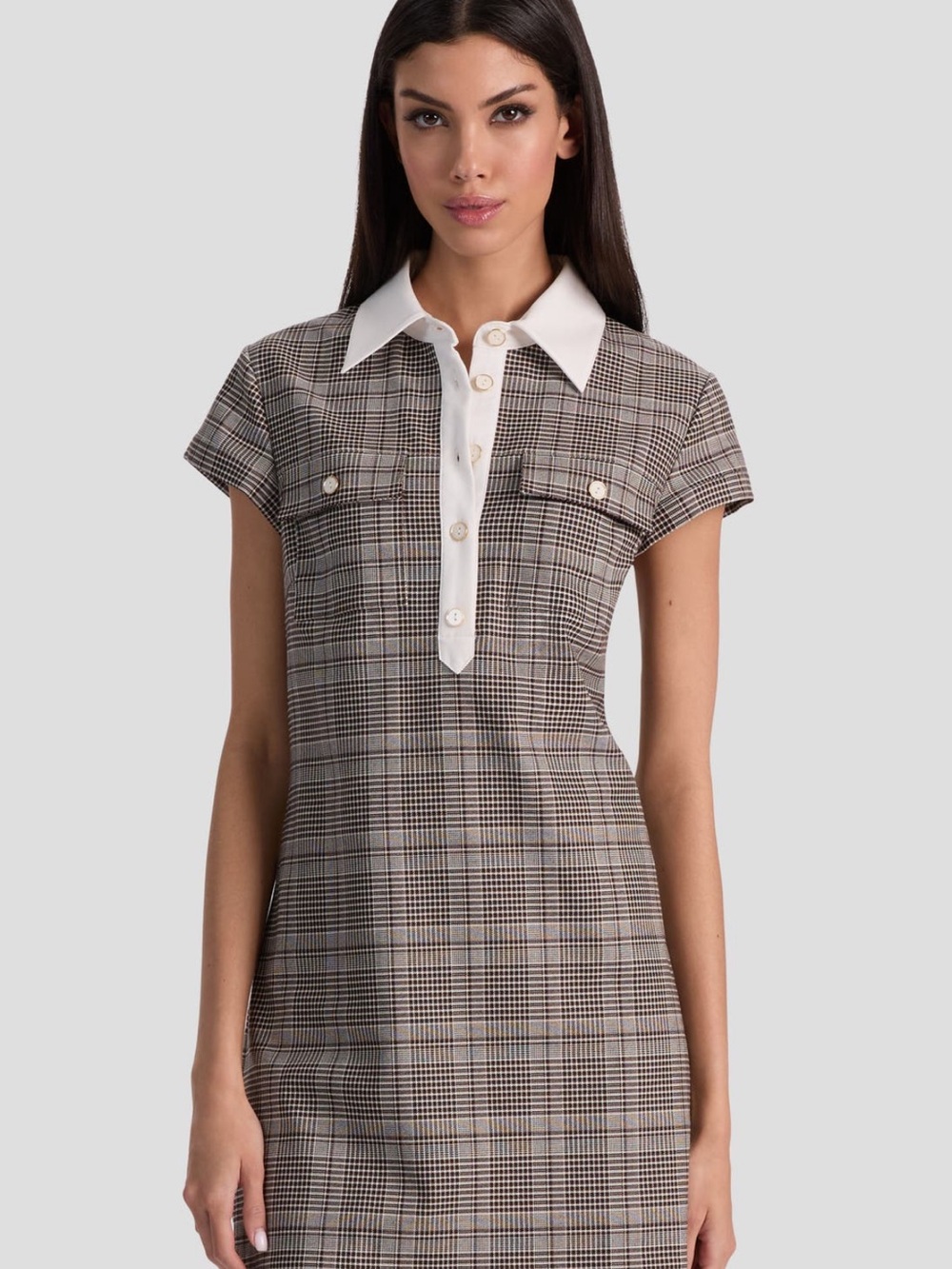 Alice + Olivia Brown Plaid Button-Front Polo Top with White Collar